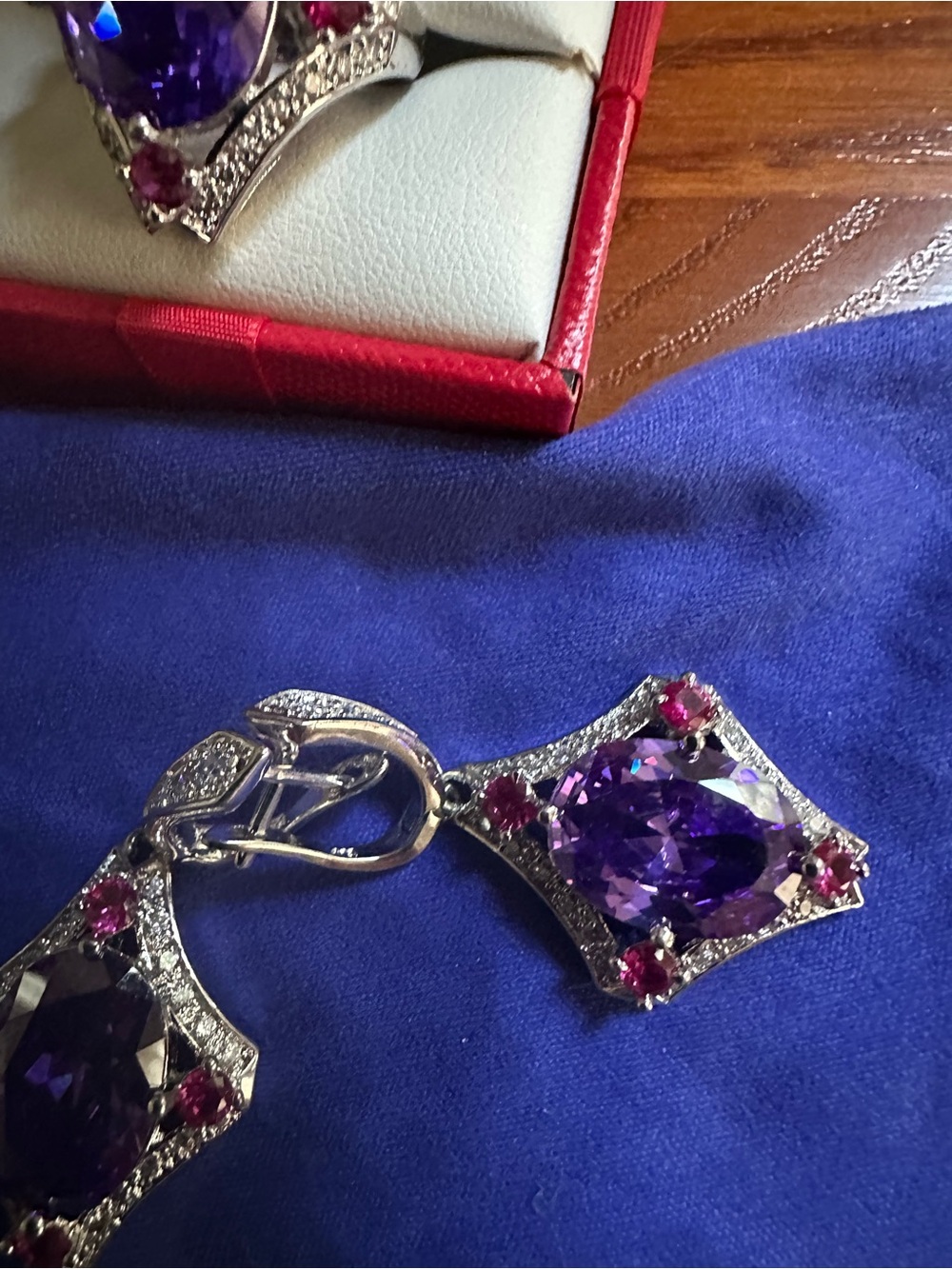 Elegant Purple Crystal Drop Errings and Ring with Pink Accents